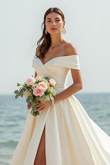 Ivory Satin A Line Off the Shoulder Chapel Train Wedding Dress